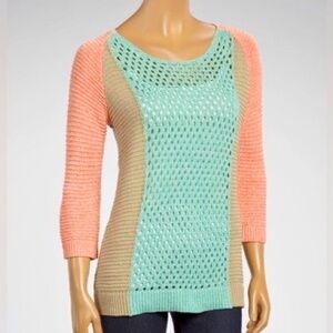 TRIBAL Teal Peach Color Block Crochet Knit Sweater Size XL